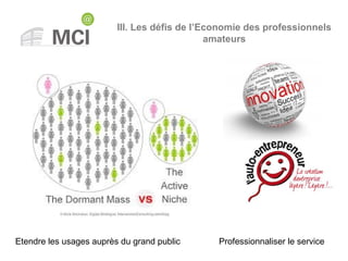 III. Les défis de l’Economie des professionnels
amateurs
Etendre les usages auprès du grand public Professionnaliser le service
 