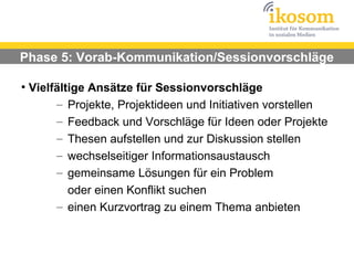 Phase 5: Vorab-Kommunikation/Sessionvorschläge

●
    Vielfältige Ansätze für Sessionvorschläge
         – Projekte, Projektideen und Initiativen vorstellen
         – Feedback und Vorschläge für Ideen oder Projekte
         – Thesen aufstellen und zur Diskussion stellen
         – wechselseitiger Informationsaustausch
         – gemeinsame Lösungen für ein Problem
            oder einen Konflikt suchen
         – einen Kurzvortrag zu einem Thema anbieten
 