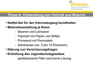 Phase 6: Vorbereitung von Technik und Material

●
  Notfall-Set für den Internetzugang bereithalten
●
  Materialausstattung je Raum
       – Beamer und Leinwand
       – Flipchart mit Papier und Stiften
       – Pinnwand mit Pinnnadeln
       – Steckdosen (ca. 3 pro 10 Personen)
●
  Klärung von Versicherungsfragen
●
  Einhaltung des Jugendschutzgesetzes
       – gerätebasierte Filter sind keine Lösung
 
