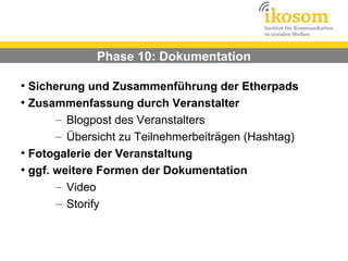Phase 10: Dokumentation

●
  Sicherung und Zusammenführung der Etherpads
●
  Zusammenfassung durch Veranstalter
       – Blogpost des Veranstalters
       – Übersicht zu Teilnehmerbeiträgen (Hashtag)
●
  Fotogalerie der Veranstaltung
●
  ggf. weitere Formen der Dokumentation
       – Video
       – Storify
 