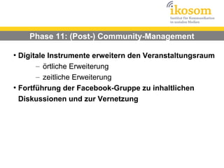 Phase 11: (Post-) Community-Management

●
  Digitale Instrumente erweitern den Veranstaltungsraum
       – örtliche Erweiterung
       – zeitliche Erweiterung
●
  Fortführung der Facebook-Gruppe zu inhaltlichen
  Diskussionen und zur Vernetzung
 