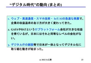 “デジタル時代”の動向 (まとめ)
1. ウェブ・高速通信・スマホ技術・ IoT/AIの急速な発展で、
企業の収益追求のあり方が大きく変わってきた。
2. GAFAやBATというITプラットフォーム会社が大きな収益
を得ているが、日本にはそれと同等なレベルの会社がな
い。
3. デジタル庁の創設等で日本が一体となってデジタル化に
取り組む動きが始まった。
@ 2022 IA工房 23
 