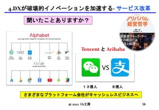 さまざまなプラットフォーム会社がキャッシュレスビジネスへ
聞いたことありますか？
Tencent と Aribaba
１３億人 ８億人
@ 2022 IA工房 38
4.DXが破壊的イノベーションを加速する- サービス改革
 