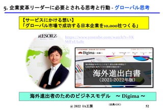 @ 2022 IA工房
(出典:GIC)
https://www.youtube.com/watch?v=VK
MfFsUIaBc
52
5. 企業変革リーダーに必要とされる思考と行動 - グローバル思考
【サービスにかける想い】
「グローバル市場で成功する日本企業を10,000社つくる」
海外進出者のためのビジネスモデル 〜 Digima 〜
 