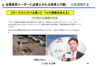 @ 2022 IA工房
(出典:Addice)
54
5. 企業変革リーダーに必要とされる思考と行動 – AIを活用する
【サービスにかける想い】「AIで感動を伝える」
 