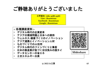 ご静聴ありがとうございました
三竿郁夫 (080-3088-2978)
Line : ikuomisao
Facebook : ikuomisao
Google : ikuomisao
@ 2022 IA工房
< 各種講座資料 >
• デジタル時代の企業変革
• アジアの環境問題と日本への期待
• ウェルネス-健康づくりのイノベーション
• アジア連携とイノベーション人材
• ものづくりでのAI活用
• デジタル時代のファンづくりと集客
• 日本の製造業が息づくほほ笑みの国タイ
• データセンターの省エネ
• ２次エネルギー水素
Slideshare
63
 