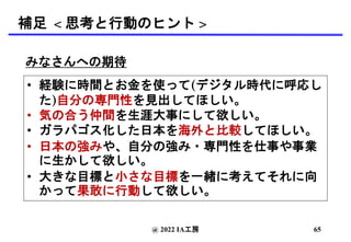 みなさんへの期待
• 経験に時間とお金を使って(デジタル時代に呼応し
た)自分の専門性を見出してほしい。
• 気の合う仲間を生涯大事にして欲しい。
• ガラパゴス化した日本を海外と比較してほしい。
• 日本の強みや、自分の強み・専門性を仕事や事業
に生かして欲しい。
• 大きな目標と小さな目標を一緒に考えてそれに向
かって果敢に行動して欲しい。
@ 2022 IA工房 65
補足 < 思考と行動のヒント >
 