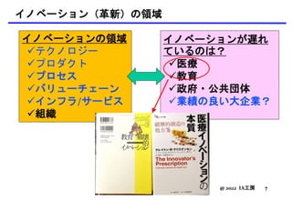 イノベーション（革新）の領域
@ 2022 IA工房 7
イノベーションの領域
テクノロジー
プロダクト
プロセス
バリューチェーン
インフラ/サービス
組織
イノベーションが遅れ
ているのは？
医療
教育
政府・公共団体
業績の良い大企業？
 