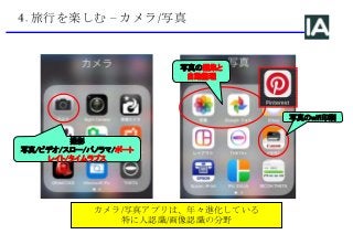 4. 旅行を楽しむ – カメラ/写真
撮影
写真/ビデオ/スロー/パノラマ/ポート
レイト/タイムラプス
写真の編集と
自動整理
写真のwifi印刷
カメラ/写真アプリは、年々進化している
特に人認識/画像認識の分野
 