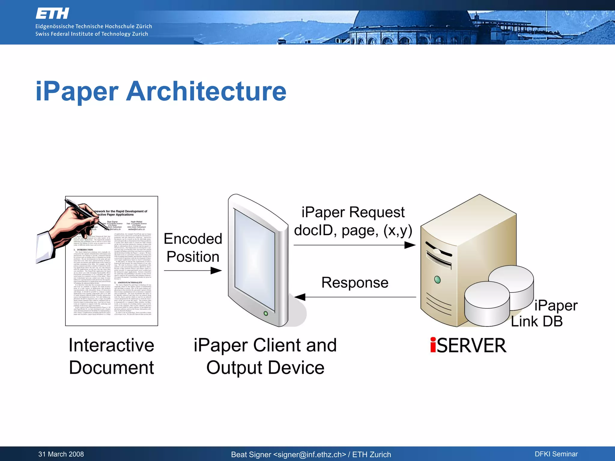 iPaper Architecture




31 March 2008   Beat Signer <signer@inf.ethz.ch> / ETH Zurich   DFKI Seminar
 