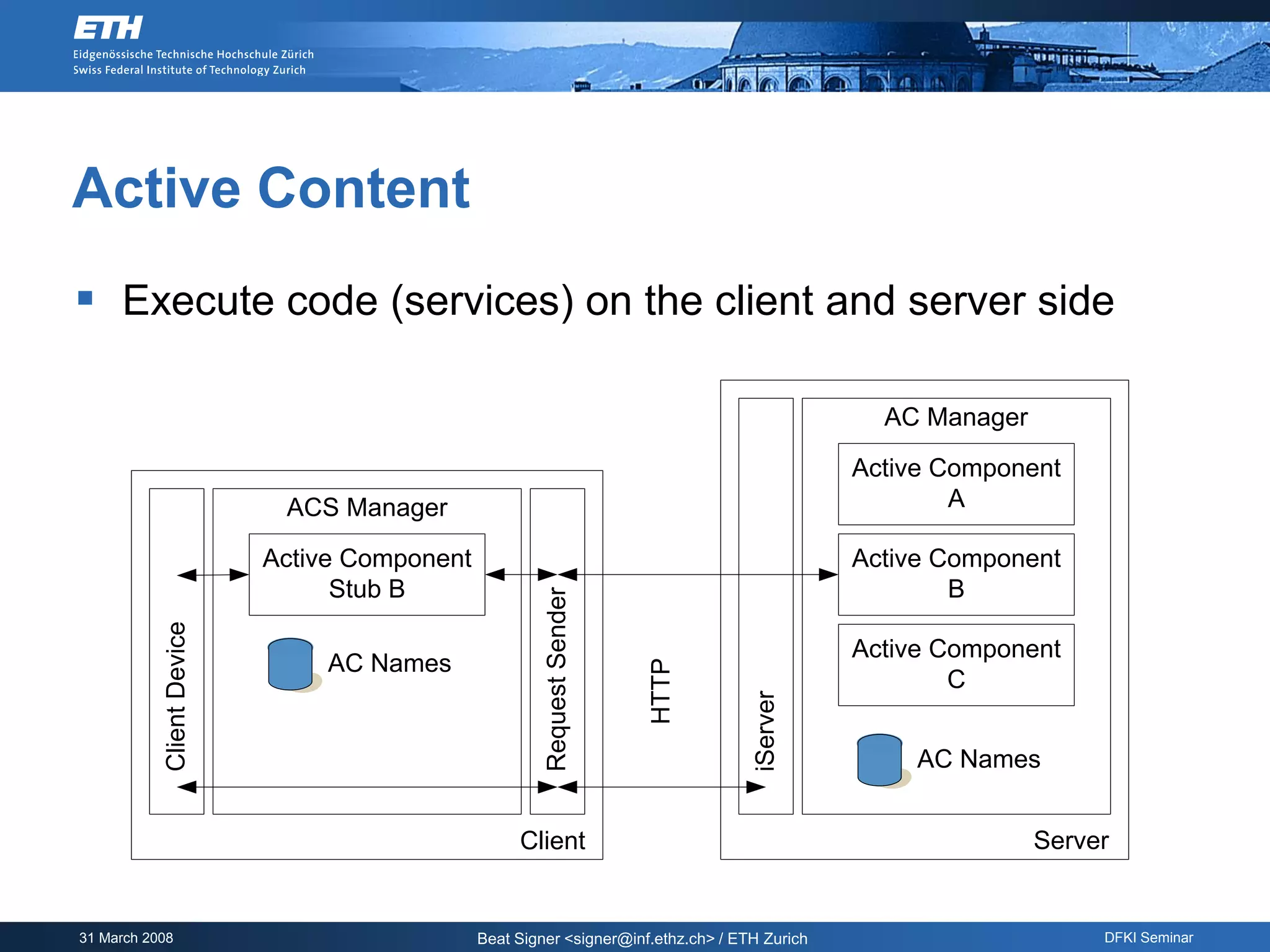 Active Content
 Execute code (services) on the client and server side

                                                                                                AC Manager
                                                                                              Active Component
                            ACS Manager                                                               A

                           Active Component                                                   Active Component
                                 Stub B                                                               B
                                                       Request Sender
           Client Device




                                                                                              Active Component
                               AC Names                                 HTTP
                                                                                                      C


                                                                                   iServer         AC Names


                                                   Client                                                    Server


31 March 2008                                 Beat Signer <signer@inf.ethz.ch> / ETH Zurich                       DFKI Seminar
 