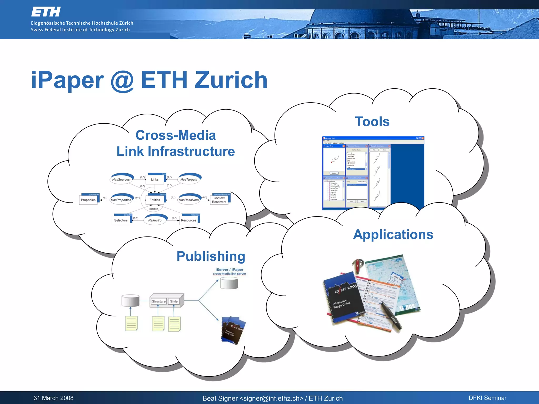 iPaper @ ETH Zurich
                                                                             Tools
                   Cross-Media
                Link Infrastructure




                                                                             Applications
                         Publishing




31 March 2008                Beat Signer <signer@inf.ethz.ch> / ETH Zurich                  DFKI Seminar
 