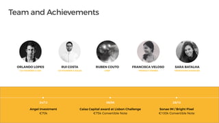 Angel Investment
€70k
Caixa Capital award at Lisbon Challenge
€75k Convertible Note
24/12 28/1008/06
Sonae IM / Bright Pixel
€100k Convertible Note
PRODUCT OWNER
FRANCISCA VELOSO
OPERATIONS MANAGER
SARA BATALHA
CO-FOUNDER & COO
RUI COSTA
CO-FOUNDER & SALES
RUBEN COUTO
CHEF
ORLANDO LOPES
Team and Achievements
 
