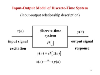 16
( )
x n
input signal
excitation
( )
y n
output signal
response
( ) ( )
H
x n y n


 
( ) ( )
y n H x n


.
H
discrete-time
system
Input-Output Model of Discrete-Time System
(input-output relationship description)
 