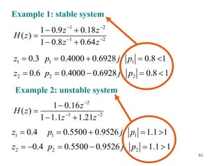 61
Example 1: stable system
Example 2: unstable system
2
1 2
1 0.16
( )
1 1.1 1.21
z
H z
z z

 


 
1 1 1
2 2 2
0.4 0.5500 0.9526 1.1 1
0.4 0.5500 0.9526 1.1 1
z p j p
z p j p
    
     
1 2
1 2
1 0.9 0.18
( )
1 0.8 0.64
z z
H z
z z
 
 
 

 
1 1 1
2 2 2
0.3 0.4000 0.6928 0.8 1
0.6 0.4000 0.6928 0.8 1
z p j p
z p j p
    
    
 