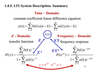 62
Z – Domain:
0
1
( )
( )
1 ( )
N
k
k
M
k
k
b k z
H z
a k z








transfer function
Frequency – Domain:
0
1
( )
( )
1 ( )
N
j k
j k
M
j k
k
b k e
H e
a k e











frequency response
Time – Domain:
0 1
( ) ( ) ( ) ( ) ( )
N M
k k
y n b k x n k a k y n k
 
   
 
constant coefficient linear difference equation
1.4.5. LTI System Description. Summary
j j
z e e z
 
 
h(n)
Z
Z-1 FT-1
FT
 