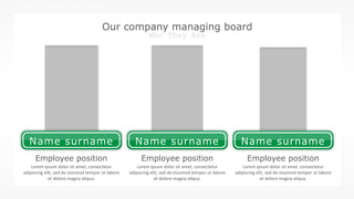 w w w . D o m a i n . c o m Page 23
www.MainSlide.com
© All Rights Reserved.
Confidential
THE COMPANY PRESENTATION TEMPLATE NAME
Our company managing board
Who They Are
Name surname Name surname Name surname
Lorem ipsum dolor sit amet, consectetur
adipiscing elit, sed do eiusmod tempor ut labore
et dolore magna aliqua.
Lorem ipsum dolor sit amet, consectetur
adipiscing elit, sed do eiusmod tempor ut labore
et dolore magna aliqua.
Lorem ipsum dolor sit amet, consectetur
adipiscing elit, sed do eiusmod tempor ut labore
et dolore magna aliqua.
Employee position Employee position Employee position
 