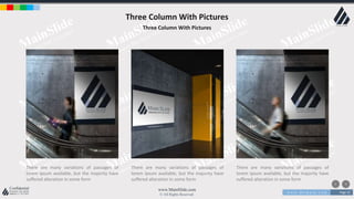 w w w . D o m a i n . c o m Page 32
www.MainSlide.com
© All Rights Reserved.
Confidential
There are many variations of passages of
lorem ipsum available, but the majority have
suffered alteration in some form
Three Column With Pictures
Three Column With Pictures
There are many variations of passages of
lorem ipsum available, but the majority have
suffered alteration in some form
There are many variations of passages of
lorem ipsum available, but the majority have
suffered alteration in some form
 