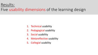 Results:
Five usability dimensions of the learning design
1. Technical usability
2. Pedagogical usability
3. Social usability
4. Metareflective usability
5. Collegial usability
 