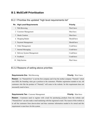 B 2. MoSCoW Prioritisation
B 2.1 Prioritise the updated “high level requirements list”
B 2.2 Reasons of setting above priorities
No. High Level Requirements Priority
1 Web Browsing Won't have
2 Customer Management Must have
3 Meals Creation Must have
4 Shopping Basket Should have
5 Payment Management Should have
6 Order Management Could have
7 Internal Messaging Could have
8 Delivery System Management Could have
9 Feedback Could have
10 Help Section Won’t have
Requirements One : Web Browsing Priority : Won’t have
Reason : As “NutrarlyNow” is not the first company and it has the mother company “Nutrarly” which
runs B2B, the branding value get a position to the customers. Whether registration needed or not, old
customers who like the product of “Nutrarly” will come to the website. So this requirement does not
necessarily need to have.
Requirements Two : Customer Management Priority : Must have
Reason : Customers need to register with e-mail for purchasing products from the website and
“NutrarlyNow” can also make e-mail marketing with the registered e-mail. The reason of this website is
to sell the customers from door-to-door and thus customer information needed to be stored and this
requirement is must have for this system.
 