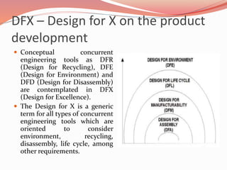 DFX – Design for X on the product
development
 Conceptual concurrent
engineering tools as DFR
(Design for Recycling), DFE
(Design for Environment) and
DFD (Design for Disassembly)
are contemplated in DFX
(Design for Excellence).
 The Design for X is a generic
term for all types of concurrent
engineering tools which are
oriented to consider
environment, recycling,
disassembly, life cycle, among
other requirements.
 
