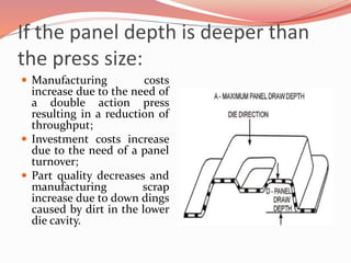 If the panel depth is deeper than
the press size:
 Manufacturing costs
increase due to the need of
a double action press
resulting in a reduction of
throughput;
 Investment costs increase
due to the need of a panel
turnover;
 Part quality decreases and
manufacturing scrap
increase due to down dings
caused by dirt in the lower
die cavity.
 