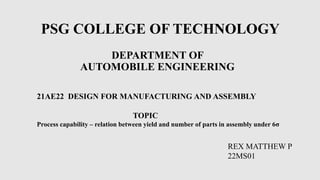 PSG COLLEGE OF TECHNOLOGY
DEPARTMENT OF
AUTOMOBILE ENGINEERING
REX MATTHEW P
22MS01
21AE22 DESIGN FOR MANUFACTURING AND ASSEMBLY
TOPIC
Process capability – relation between yield and number of parts in assembly under 6σ
 