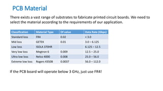 PCB Material
There exists a vast range of substrates to fabricate printed circuit boards. We need to
select the material according to the requirements of our application.
Classification Material Type Df value Data Rate (Gbps)
Standard loss FR4 0.02 < 3.0
Mid loss GETEK 0.01 3.0 – 6.125
Low loss ISOLA 370HR 6.125 – 12.5
Very low loss Megtron 6 0.009 12.5 – 25.0
Ultra low loss Nelco 4000 0.008 25.0 – 56.0
Extreme low loss Rogers 4350B 0.0037 56.0 – 112.0
If the PCB board will operate below 3 GHz, just use FR4!
 