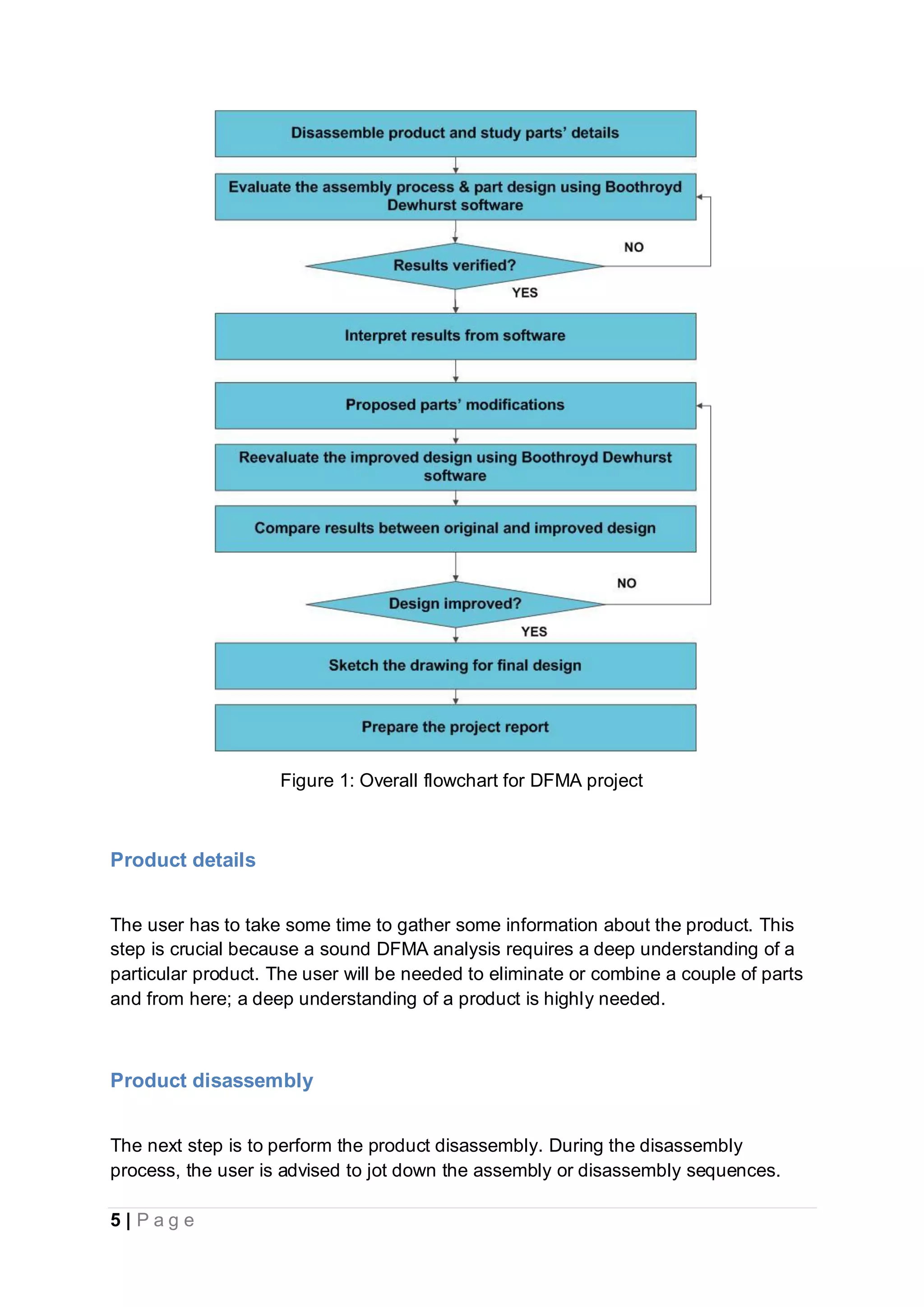 5 | P a g e
Figure 1: Overall flowchart for DFMA project
Product details
The user has to take some time to gather some information about the product. This
step is crucial because a sound DFMA analysis requires a deep understanding of a
particular product. The user will be needed to eliminate or combine a couple of parts
and from here; a deep understanding of a product is highly needed.
Product disassembly
The next step is to perform the product disassembly. During the disassembly
process, the user is advised to jot down the assembly or disassembly sequences.
 