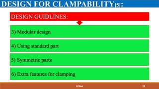 DESIGN FOR CLAMPABILITY[5]:
DESIGN GUIDLINES:
3) Modular design
4) Using standard part
5) Symmetric parts
6) Extra features for clamping
DFMA 22
 