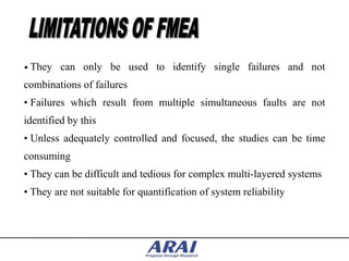 • They   can only be used to identify single failures and not
combinations of failures
• Failures which result from multiple simultaneous faults are not
identified by this
• Unless adequately controlled and focused, the studies can be time
consuming
• They can be difficult and tedious for complex multi-layered systems
• They are not suitable for quantification of system reliability
 