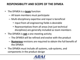 RESPONSIBILITY AND SCOPE OF THE DFMEA

• The DFMEA is a team function
   – All team members must participate
   – Multi-disciplinary expertise and input is beneficial
      • Input from all engineering fields is desirable
      • Representatives from all areas (not just technical
         disciplines) are generally included as team members
• The DFMEA is not a one meeting activity
   – The DFMEA will be refined and evolve with the product
   – Numerous revisions are required to obtain the full benefit of
     the DFMEA
• The DFMEA must include all systems, sub-systems, and
  components in the product design
 
