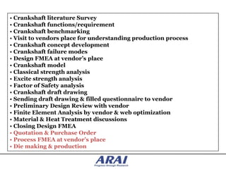 • Crankshaft literature Survey
• Crankshaft functions/requirement
• Crankshaft benchmarking
• Visit to vendors place for understanding production process
• Crankshaft concept development
• Crankshaft failure modes
• Design FMEA at vendor’s place
• Crankshaft model
• Classical strength analysis
• Excite strength analysis
• Factor of Safety analysis
• Crankshaft draft drawing
• Sending draft drawing & filled questionnaire to vendor
• Preliminary Design Review with vendor
• Finite Element Analysis by vendor & web optimization
• Material & Heat Treatment discussions
• Closing Design FMEA
• Quotation & Purchase Order
• Process FMEA at vendor’s place
• Die making & production
 