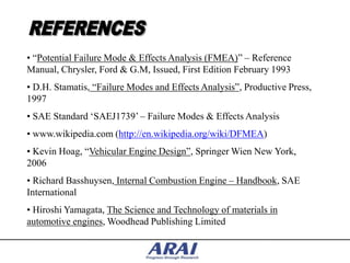 • “Potential Failure Mode & Effects Analysis (FMEA)” – Reference
Manual, Chrysler, Ford & G.M, Issued, First Edition February 1993
• D.H. Stamatis, “Failure Modes and Effects Analysis”, Productive Press,
1997
• SAE Standard „SAEJ1739‟ – Failure Modes & Effects Analysis
• www.wikipedia.com (http://en.wikipedia.org/wiki/DFMEA)
• Kevin Hoag, “Vehicular Engine Design”, Springer Wien New York,
2006
• Richard Basshuysen, Internal Combustion Engine – Handbook, SAE
International
• Hiroshi Yamagata, The Science and Technology of materials in
automotive engines, Woodhead Publishing Limited
 