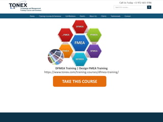 TAKE THIS COURSE
DFMEA Training | Design FMEA Training
https://www.tonex.com/training-courses/dfmea-training/
 