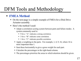 17
DFM Tools and Methodology
 FMEA Method
 On the next page is a simple example of FMEA for a Disk Drive
Actuator assembly
 Here’s the method I used:
 Adopt a correlation scoring system between parts and failure modes. A
system commonly used is:
 9 for a “A”- indicates a strong correlation.
 3 for a “B”- indicates some correlation.
 1 for a “C”- indicates possible correlation
 Apply a weighting to the parts. For example, 1, 4, 9, 16, where 16 is
more important than 1.
 Sum these horizontally to give a gross weight for each part.
 Calculate the percentages in the right-hand column.
 The percentages prioritize the areas to which attention should be given.
 