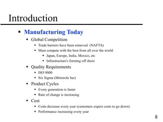8
Introduction
 Manufacturing Today
 Global Competition
 Trade barriers have been removed (NAFTA)
 Must compete with the best from all over the world
 Japan, Europe, India, Mexico, etc
 Infrastructure's forming off shore
 Quality Requirements
 ISO 9000
 Six Sigma (Motorola Inc)
 Product Cycles
 Every generation is faster
 Rate of change is increasing
 Cost
 Costs decrease every year (customers expect costs to go down)
 Performance increasing every year
 
