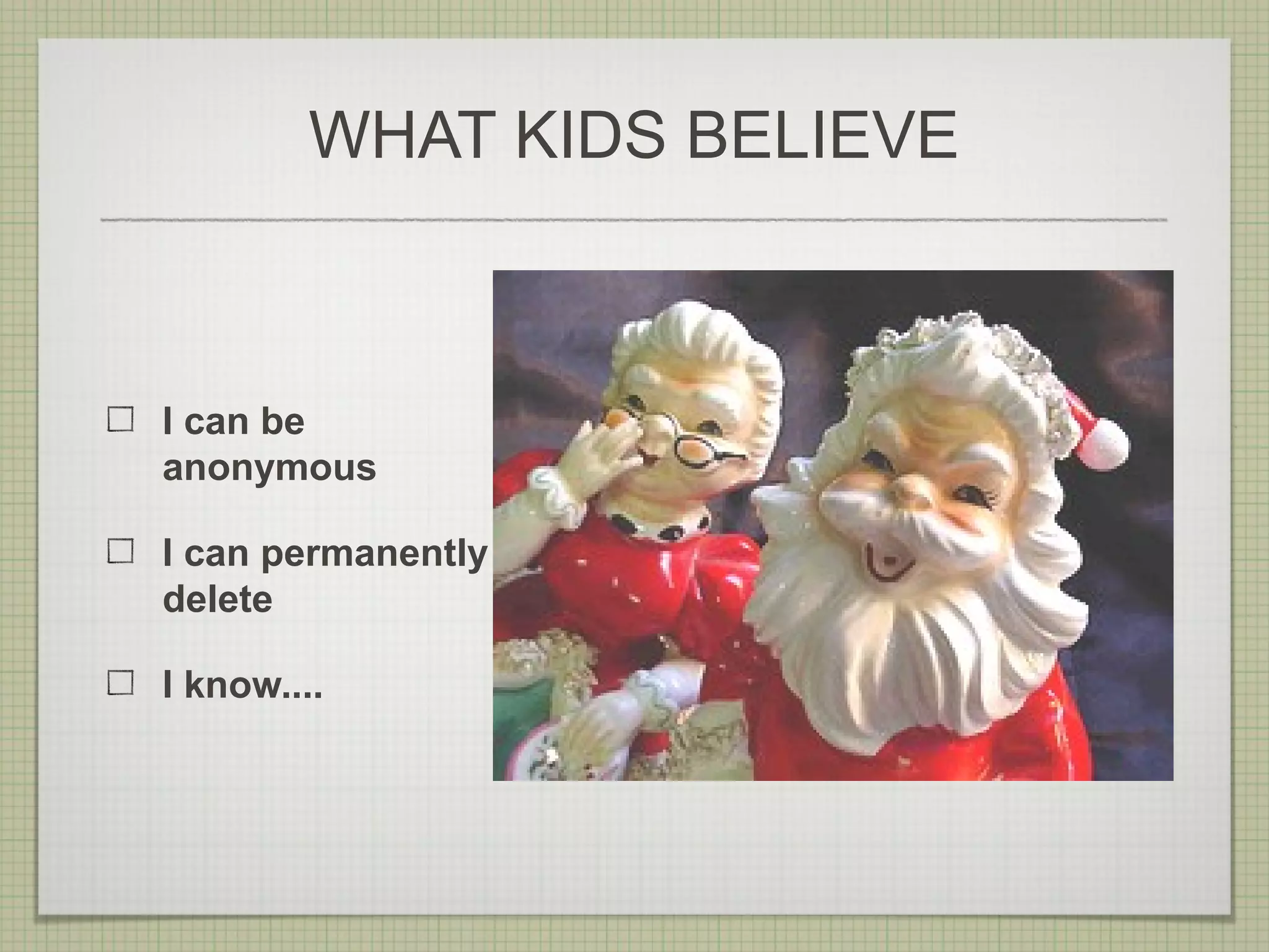 WHAT KIDS BELIEVE



I can be
anonymous

I can permanently
delete

I know....
 