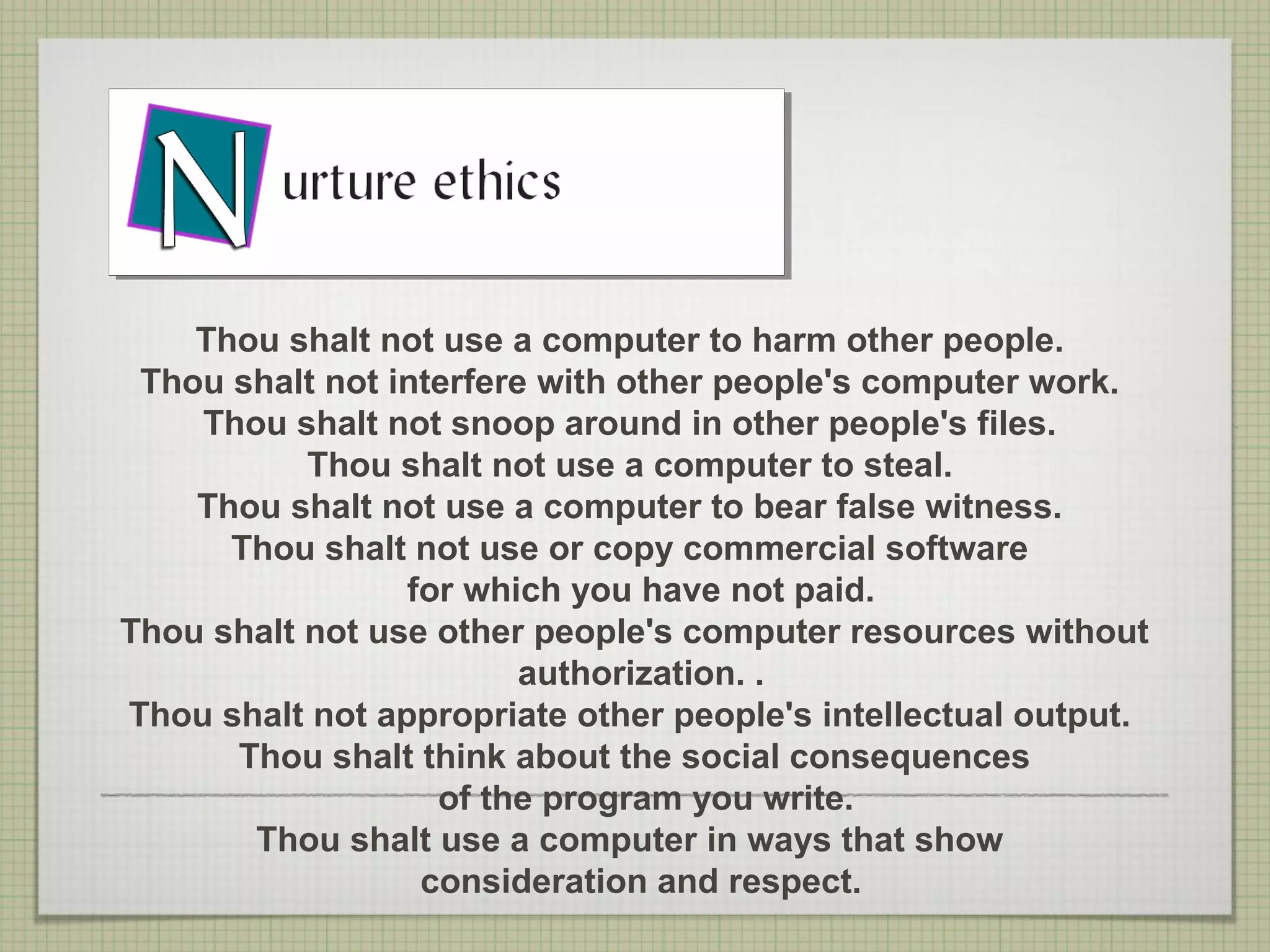 Thou shalt not use a computer to harm other people.
 Thou shalt not interfere with other people's computer work.
    Thou shalt not snoop around in other people's files.
           Thou shalt not use a computer to steal.
    Thou shalt not use a computer to bear false witness.
      Thou shalt not use or copy commercial software
                 for which you have not paid.
Thou shalt not use other people's computer resources without
                         authorization. .
Thou shalt not appropriate other people's intellectual output.
      Thou shalt think about the social consequences
                   of the program you write.
       Thou shalt use a computer in ways that show
                  consideration and respect.
 