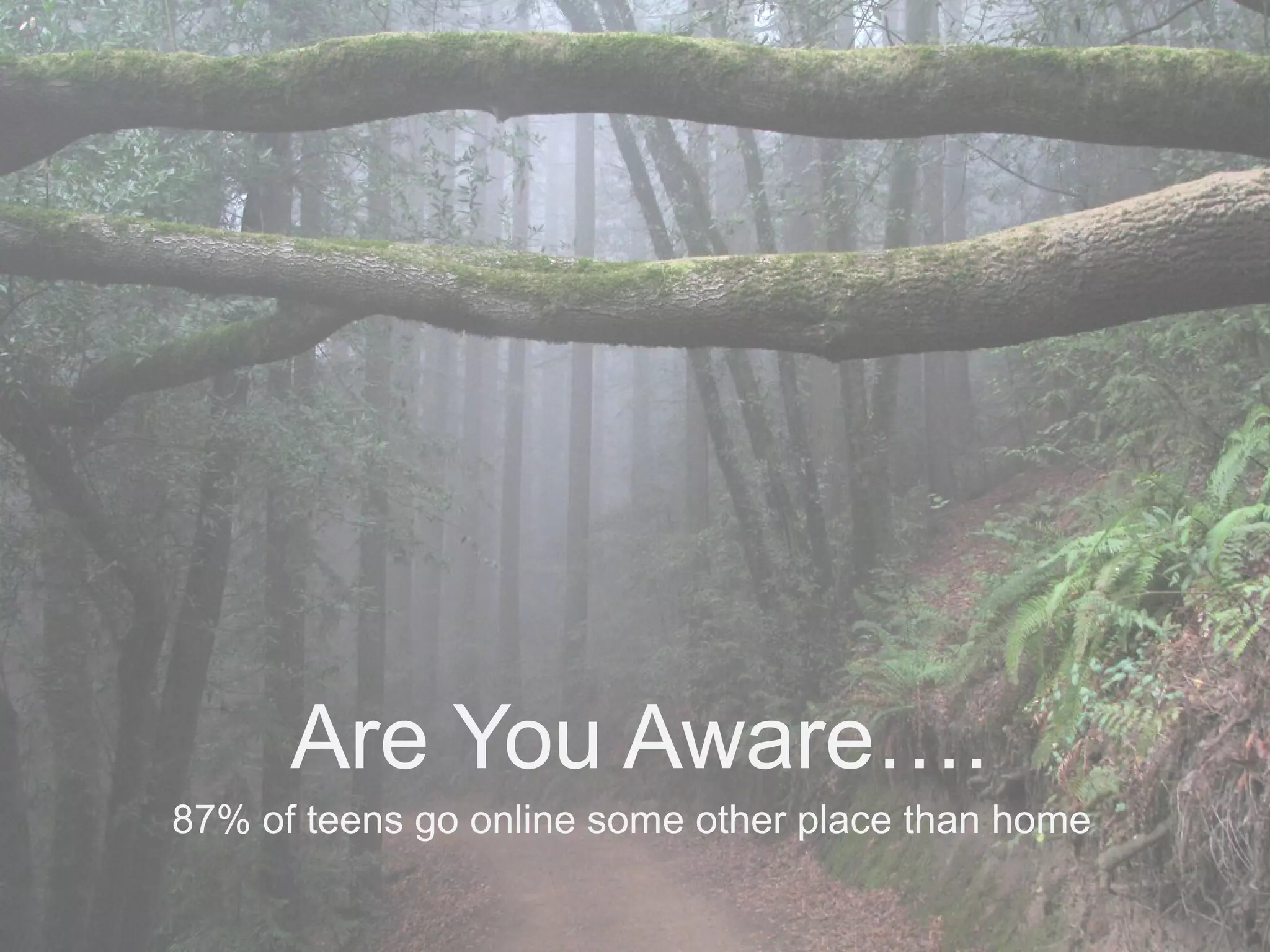 Are You Aware….
87% of teens go online some other place than home
 