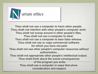 Thou shalt not use a computer to harm other people.
 Thou shalt not interfere with other people's computer work.
    Thou shalt not snoop around in other people's files.
           Thou shalt not use a computer to steal.
    Thou shalt not use a computer to bear false witness.
      Thou shalt not use or copy commercial software
                 for which you have not paid.
Thou shalt not use other people's computer resources without
                         authorization. .
Thou shalt not appropriate other people's intellectual output.
      Thou shalt think about the social consequences
                   of the program you write.
       Thou shalt use a computer in ways that show
                  consideration and respect.
 