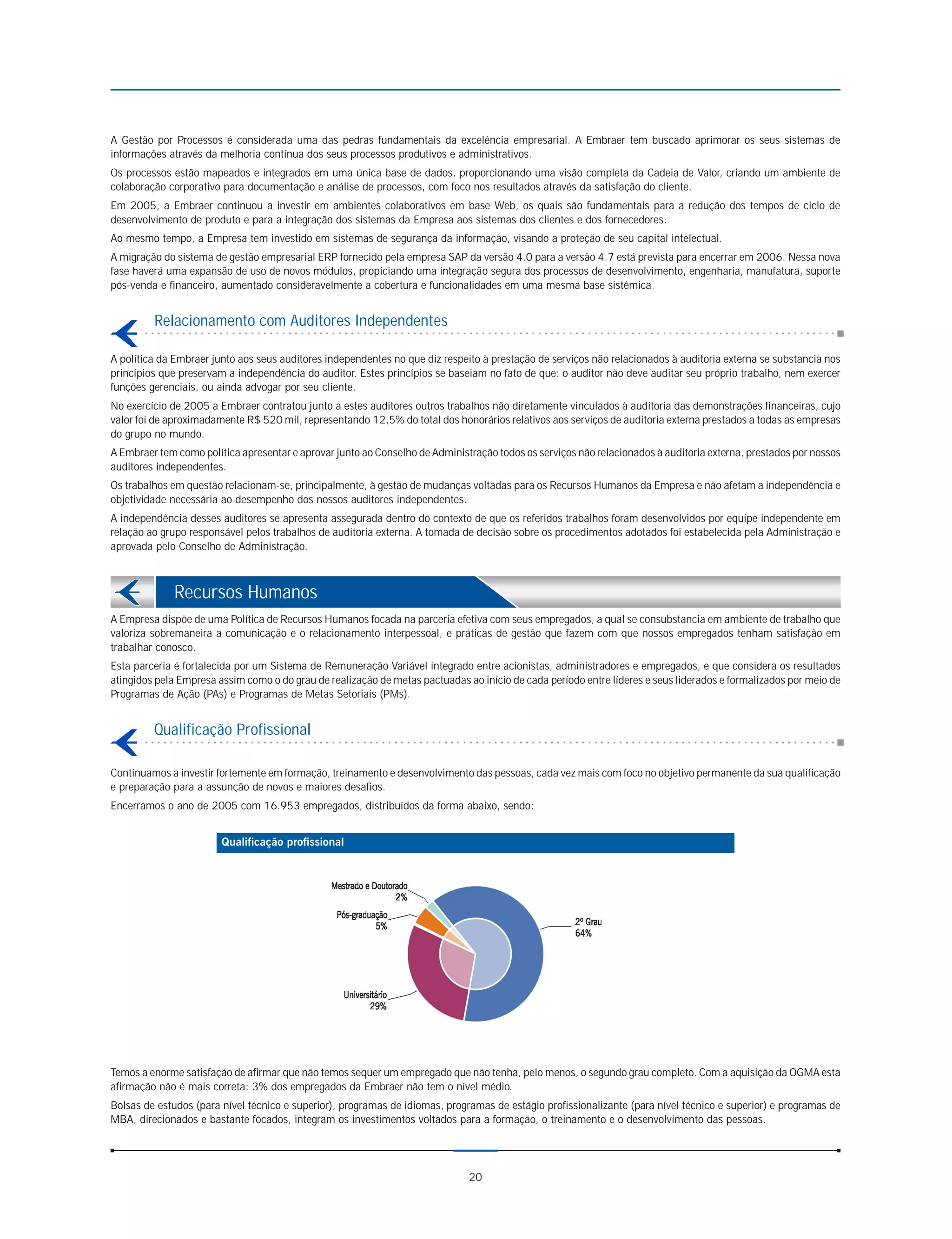 A Gestão por Processos é considerada uma das pedras fundamentais da excelência empresarial. A Embraer tem buscado aprimorar os seus sistemas de
informações através da melhoria contínua dos seus processos produtivos e administrativos.
Os processos estão mapeados e integrados em uma única base de dados, proporcionando uma visão completa da Cadeia de Valor, criando um ambiente de
colaboração corporativo para documentação e análise de processos, com foco nos resultados através da satisfação do cliente.
Em 2005, a Embraer continuou a investir em ambientes colaborativos em base Web, os quais são fundamentais para a redução dos tempos de ciclo de
desenvolvimento de produto e para a integração dos sistemas da Empresa aos sistemas dos clientes e dos fornecedores.
Ao mesmo tempo, a Empresa tem investido em sistemas de segurança da informação, visando a proteção de seu capital intelectual.
A migração do sistema de gestão empresarial ERP fornecido pela empresa SAP da versão 4.0 para a versão 4.7 está prevista para encerrar em 2006. Nessa nova
fase haverá uma expansão de uso de novos módulos, propiciando uma integração segura dos processos de desenvolvimento, engenharia, manufatura, suporte
pós-venda e financeiro, aumentado consideravelmente a cobertura e funcionalidades em uma mesma base sistêmica.


         Relacionamento com Auditores Independentes

A política da Embraer junto aos seus auditores independentes no que diz respeito à prestação de serviços não relacionados à auditoria externa se substancia nos
princípios que preservam a independência do auditor. Estes princípios se baseiam no fato de que: o auditor não deve auditar seu próprio trabalho, nem exercer
funções gerenciais, ou ainda advogar por seu cliente.
No exercício de 2005 a Embraer contratou junto a estes auditores outros trabalhos não diretamente vinculados à auditoria das demonstrações financeiras, cujo
valor foi de aproximadamente R$ 520 mil, representando 12,5% do total dos honorários relativos aos serviços de auditoria externa prestados a todas as empresas
do grupo no mundo.
A Embraer tem como política apresentar e aprovar junto ao Conselho de Administração todos os serviços não relacionados à auditoria externa, prestados por nossos
auditores independentes.
Os trabalhos em questão relacionam-se, principalmente, à gestão de mudanças voltadas para os Recursos Humanos da Empresa e não afetam a independência e
objetividade necessária ao desempenho dos nossos auditores independentes.
A independência desses auditores se apresenta assegurada dentro do contexto de que os referidos trabalhos foram desenvolvidos por equipe independente em
relação ao grupo responsável pelos trabalhos de auditoria externa. A tomada de decisão sobre os procedimentos adotados foi estabelecida pela Administração e
aprovada pelo Conselho de Administração.



             Recursos Humanos
A Empresa dispõe de uma Política de Recursos Humanos focada na parceria efetiva com seus empregados, a qual se consubstancia em ambiente de trabalho que
valoriza sobremaneira a comunicação e o relacionamento interpessoal, e práticas de gestão que fazem com que nossos empregados tenham satisfação em
trabalhar conosco.
Esta parceria é fortalecida por um Sistema de Remuneração Variável integrado entre acionistas, administradores e empregados, e que considera os resultados
atingidos pela Empresa assim como o do grau de realização de metas pactuadas ao início de cada período entre líderes e seus liderados e formalizados por meio de
Programas de Ação (PAs) e Programas de Metas Setoriais (PMs).


         Qualificação Profissional

Continuamos a investir fortemente em formação, treinamento e desenvolvimento das pessoas, cada vez mais com foco no objetivo permanente da sua qualificação
e preparação para a assunção de novos e maiores desafios.
Encerramos o ano de 2005 com 16.953 empregados, distribuídos da forma abaixo, sendo:




Temos a enorme satisfação de afirmar que não temos sequer um empregado que não tenha, pelo menos, o segundo grau completo. Com a aquisição da OGMA esta
afirmação não é mais correta: 3% dos empregados da Embraer não tem o nível médio.
Bolsas de estudos (para nível técnico e superior), programas de idiomas, programas de estágio profissionalizante (para nível técnico e superior) e programas de
MBA, direcionados e bastante focados, integram os investimentos voltados para a formação, o treinamento e o desenvolvimento das pessoas.




                                                                              20
 