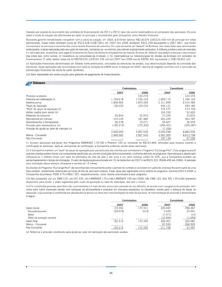 liberado por ocasião do vencimento dos contratos de financiamento (de 2013 a 2021) caso não ocorra inadimplência do comprador das aeronaves. Os juros
sobre a conta de caução são adicionados ao saldo do principal e reconhecidos pela Companhia como Receita financeira.
Buscando garantir rentabilidade compatível com o prazo da caução, em 2004, a Embraer aplicou R$218.578 (US$123.400 mil) de principal em notas
estruturadas. Essas notas renderam juros de R$13.428 (US$7.581) em 2007 (em 2006 renderam R$16.209 equivalante a US$7.581), que foram
incorporados ao principal e reconhecidos como receita financeira do exercício. Em caso de evento de “default” da Embraer, tais notas terão seus vencimentos
antecipados, e serão realizadas pelo seu valor de mercado, limitando-se, no mínimo, aos valores originalmente aplicados. A diferença entre o valor de mercado
e o valor aplicado, se positiva, será paga à Companhia em forma de títulos ou empréstimos da mesma. Eventos de “default” que podem antecipar o vencimento
das notas são, entre outros: (i) insolvência ou concordata da Embraer; e (ii) inadimplência ou reestruturação de dívidas da Embraer em contratos de
financiamento. O saldo destas notas era de R$259.026 (US$146.234 mil) em 2007 (em 2006 era de R$296.441 equivalente a US$138.653 mil).
(ii) Aplicações financeiras denominadas em Dólares norte-americanos, vinculadas às estruturas de vendas, cuja desvinculação depende da conclusão das
estruturas. Essas aplicações são remuneradas com base na variação da LIBOR anual. A redução em 2007, decorre de resgates ocorridos com a conclusão da
estruturação financeira de venda de parte recebíveis.
(iii) Valor depositado em conta caução para garantia de pagamento de financiamento.


12 Estoques
                                                                                         Controladora                                Consolidado
                                                                                  2007                   2006                 2007                   2006
Produtos acabados                                                                     -                124.273                    -                124.273
Produtos em elaboração (i)                                                    1.724.614              1.576.103            1.909.772              1.744.153
Matéria-prima                                                                 1.800.962              1.875.505            2.111.899              2.104.483
Peças de reposição                                                              130.535                124.233              494.121                439.160
“Pool” de peças de reposição (ii)                                                     -                      -              174.577                113.718
Aviões usados para venda (iii)                                                        -                      -              154.250                 52.620
Materiais de consumo                                                             25.830                 22.870               27.034                 23.816
Mercadorias em trânsito                                                         374.154                337.982              425.344                364.787
Adiantamentos a fornecedores                                                     36.578                 19.071               59.607                 36.503
Provisão para obsolescência (iv)                                               (152.313)              (172.392)            (309.301)              (320.487)
Provisão de ajuste ao valor de mercado (v)                                            -                      -               (7.265)                     -
                                                                              3.940.360              3.907.645            5.040.038              4.683.026
Menos - Circulante                                                            3.940.360              3.907.645            4.902.909              4.615.798
Não Circulante                                                                        -                      -              137.129                 67.228
(i) Incluem aeronaves pré-séries dos Programas EMBRAER 170/190 e Phenom 100 no montante de R$183.468, utilizadas para ensaios visando a
certificação da aeronave. Após as campanhas de certificação, a Companhia pretende vender essas aeronaves.
(ii) A Companhia mantém um “pool” de peças de reposição para uso exclusivo dos clientes que contrataram o Programa “Exchange Pool”. Esse programa prevê
que tais clientes podem trocar um componente danificado por um em condições de funcionamento, conforme definido no programa. Esse estoque é depreciado
utilizando-se o método linear com base na estimativa de vida de sete a dez anos e um valor residual médio de 35%, que a Companhia acredita ser
aproximadamente o tempo de utilização. O valor da depreciação acumulada em 31 de dezembro de 2007 é de R$55.322 (R$46.490 em 2006). A previsão
para realização desse estoque ultrapassa o período de 12 meses.
As receitas do Programa “Exchange Pool” são reconhecidas mensalmente sobre o período do contrato e consistem em parte de uma taxa fixa e em parte de uma
taxa variável, diretamente relacionada às horas de vôo da aeronave coberta. Essas taxas são registradas como receita do programa. Durante 2007 e 2006, a
Companhia reconheceu R$92.475 e R$61.507, respectivamente, como receita relacionada a esse programa.
(iii) São compostos por um EMB 120, um ERJ 145, um EMBRAER 175 e três EMBRAER 190 (em 2006, três EMB 120, dois ERJ 145 e três Ipanema)
disponíveis para venda, e estão registrados pelo custo de aquisição ou valor de realização, dos dois o menor.
(iv) Foi constituída provisão para itens não movimentados há mais de dois anos e sem previsão de uso definido, de acordo com o programa de produção, bem
como para cobrir eventuais perdas com estoques de almoxarifado e produtos em processo excessivos ou obsoletos, exceto para o estoque de peças de
reposição, cuja provisão é constituída por obsolescência técnica ou itens sem movimentação há mais de seis anos. A movimentação da provisão é demonstrada
a seguir:
                                                                                         Controladora                                Consolidado
                                                                                    2007                  2006                2007                   2006
Saldo inicial                                                                     172.392               172.911             320.487                296.467
 Provisão/reversão                                                                (20.079)                 (519)              3.839                 25.691
 Baixa                                                                                  -                     -              (1.071)                   (12)
 Efeito da variação cambial                                                             -                     -             (13.954)                (1.659)
Saldo final                                                                       152.313               172.392             309.301                320.487
Menos - Circulante                                                                      -                     -              97.593                266.920
Não Circulante                                                                    152.313               172.392             211.708                 53.567
(v) Refere-se à provisão constituída para ajuste ao valor de realização das aeronaves usadas.




                                                                             36
 