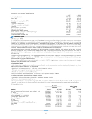 Os dividendos foram calculados da seguinte forma:
                                                                                                                                         2007                    2006
Lucro líquido do exercício                                                                                                           593.053                  589.968
Reserva legal                                                                                                                        (29.653)                 (29.498)
                                                                                                                                     563.400                  560.470
Dividendos mínimos obrigatórios (25%)                                                                                                140.850                  140.117
Dividendos:
 Juros sobre o capital próprio                                                                                                       325.790                  291.770
 IRRF sobre juros sobre o capital próprio                                                                                            (39.427)                 (32.912)
 Dividendos                                                                                                                          123.000                   35.561
Remuneração total dos acionistas                                                                                                     409.363                  294.419
Pagamentos intermediários                                                                                                           (213.602)                (219.013)
Dividendos a pagar de anos anteriores                                                                                                    197                      237
Total de dividendos e juros sobre o capital próprio a pagar                                                                          195.958                   75.643
Valor dos dividendos por ação:
 Ações ordinárias em circulação - R$                                                                                                 0,60461                  0,44297

26 Patrimônio Líquido
a) Reestruturação - 2006
Em Assembléia Geral Extraordinária realizada em 31 de março de 2006, foi aprovada a proposta de reestruturação societária da Companhia apresentada pelo
Conselho de Administração em 19 de janeiro de 2006, resultando na incorporação da Embraer - Empresa Brasileira de Aeronáutica S.A. (denominada “Antiga
Embraer”) por sua controladora, Rio Han Empreendimentos e Participações S.A. A Controladora, que não possuía operações até a data da incorporação,
passou a adotar a denominação social de Embraer - Empresa Brasileira de Aeronáutica S.A. (denominada “Nova Embraer”). Com essa incorporação a Antiga
Embraer foi extinta em 31 de março de 2006, e todos os seus acionistas receberam, em substituição às ações por eles detidas, novas ações de emissão da
Companhia. No entanto, a essência econômica da Nova Embraer não foi alterada em seus principais aspectos.
Essa reestruturação objetivou a admissão da Companhia no segmento especial do mercado de ações da Bolsa de Valores de São Paulo - BOVESPA,
denominado Novo Mercado, sendo suas ações, a partir de 5 de junho de 2006, já negociadas naquele segmento. Além disso, a Companhia deixou de ter um
grupo controlador definido e o capital passou a ser representado exclusivamente por ações ordinárias, assegurando o direito de voto a todos os seus acionistas.
(b) Capital social
O capital social autorizado está dividido em 1.000.000.000 ações ordinárias. O capital social da Controladora, subscrito e integralizado em 31 de dezembro
de 2007, é de R$4.789.617, representado por 740.465.044 ações ordinárias, sem valor nominal. Após a reestruturação societária, todas as ações
preferenciais foram convertidas em ações ordinárias.
Durante o exercício de 2007, ocorreram aumentos de capital no montante de R$6.771, integralizados em moeda corrente, referentes ao exercício de opções
do Plano de Opção de Compra de Ações da Companhia.
(c) Ação ordinária especial
A União Federal detém uma ação ordinária especial, com mesmo direito de voto dos outros acionistas detentores de ações ordinárias, porém com direitos
especiais conforme descrito no Artigo 9º do Estatuto Social.
A ação ordinária de classe especial confere à União poder de veto nas seguintes matérias:
i. Mudança de denominação da Companhia ou de seu objeto social;
ii. Alteração e/ou aplicação da logomarca da Companhia;
iii. Criação e/ou alteração de programas militares, que envolvam ou não a República Federativa do Brasil;
iv. Capacitação de terceiros em tecnologia para programas militares;
v. Interrupção de fornecimento de peças de manutenção e reposição de aeronaves militares;
vi. Transferência do controle acionário da Companhia;
vii. Quaisquer alterações: (i) às disposições deste artigo 9º, do art. 4º, do caput do art. 10º, dos arts 11º, 14º e 15º , do inciso III do art. 18º, dos parágrafos 1º e
2º do art. 27º, do inciso X do art. 33º, do inciso XII do art. 39º ou do Capítulo VII; ou ainda (ii) de direitos atribuídos pelo Estatuto à ação de classe especial.
(d) Composição acionária
                                                                                                   Quantidade
                                                                                                                                              Sobre o capital
                                                                                                   Ordinárias                                      total - %
Acionistas                                                                             31/12/07                 31/12/06             31/12/07                31/12/06
Caixa de Previdência dos Funcionários do Banco do Brasil - Previ                 103.082.901              121.274.001                   13,92                    16,39
Cia. Bozano                                                                       54.089.844               70.429.789                    7,30                     9,52
Janus Capital Management                                                          38.511.632                        -                    5,20                        -
BNDES Participações S.A. - BNDESPAR                                               37.412.579               46.712.579                    5,05                     6,31
Fundação SISTEL de Seguridade Social                                              22.584.824               54.237.297                    3,05                     7,33
Bozano Holdings, Ltd.                                                              8.896.920                8.896.920                    1,20                     1,20
SAFRAN                                                                             8.310.342                8.310.342                    1,12                     1,12
Dassault Aviation                                                                  6.671.360               15.697.318                    0,90                     2,12
EADS European Aeronautic Defence and Space Company                                         -               15.697.318                       -                     2,12
União Federal                                                                      2.349.911                2.349.911                    0,32                     0,32
Outros                                                                           458.554.731              396.298.439                   61.94                    53,57
                                                                                 740.465.044              739.903.914                  100,00                   100,00




                                                                                  47
 