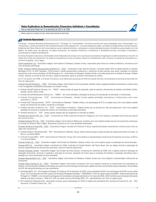 Notas Explicativas às Demonstrações Financeiras Individuais e Consolidadas
     Para os exercícios findos em 31 de dezembro de 2007 e de 2006
     (Valores expressos em milhares de reais, exceto quando indicado de outra forma)



 1      Contexto Operacional
A Embraer - Empresa Brasileira de Aeronáutica S.A. (“Embraer” ou “Controladora”; de forma conjunta com suas controladas como “Consolidado” ou a
“Companhia”), anteriormente Rio Han Empreendimentos e Participações S.A., é uma sociedade por ações, com sede na Cidade de São José dos Campos,
Estado de São Paulo, Brasil e tem como objetivo social o desenvolvimento, a produção e a comercialização de jatos e turboélices para aviação civil e de
defesa, de aviões para uso agrícola, de partes estruturais, de sistemas mecânicos e hidráulicos e atividades técnicas vinculadas à produção e
manutenção de material aeroespacial.
As demonstrações financeiras consolidadas foram elaboradas de acordo com os princípios emanados da legislação societária brasileira e incluem os
saldos das contas da Companhia e de todas as subsidiárias em que a Embraer, direta ou indiretamente, tem a maioria no capital da subsidiária ou o
controle de gestão, como segue:
Canal Investments LLC - Subsidiária integral, domiciliada em Delaware, Estados Unidos, responsável pelos ativos do comércio eletrônico; encontra-se com
suas atividades paralisadas.
ELEB - Embraer Liebherr Equipamentos do Brasil S.A. - “Eleb” - Localizada em São José dos Campos, a Embraer detém 60% do capital votante e a Liebherr
Aerospace S.A.S. os 40% restantes. A Eleb produz e vende equipamentos hidráulicos e mecânicos de alta precisão para serem utilizados na indústria
aeronáutica e tem como subsidiária a ELEB Aerospace, Inc., domiciliada em Delaware, Estados Unidos, com base operacional no Estado do Kansas, Estados
Unidos, atuando na venda de trens de pouso, peças de reposição, apoio ao produto e treinamento ao cliente.
Em 21 de janeiro de 2008, a Embraer formalizou uma oferta para aquisição de 40% do capital da Eleb e as empresas envolvidas ainda estão em
fase de negociação.
Embraer Aircraft Holding Inc. - “EAH” - Subsidiária integral, domiciliada em Fort Lauderdale, Estados Unidos, engloba atividades corporativas e institucionais
e tem as seguintes subsidiárias localizadas nos Estados Unidos:
— Embraer Aircraft Customer Services, Inc. - “EACS” - realiza vendas de peças de reposição, apoio ao produto e treinamento de clientes nos Estados Unidos,
  Canadá, Caribe e Reino Unido.
— Embraer Aircraft Maintenance Services Inc. - “EAMS” - tem como atividade a prestação de serviços de manutenção de aeronaves e componentes.
— Embraer Training Services - “ETS” - domiciliada em Delaware - Estados Unidos engloba atividades corporativas e institucionais e tem como
  subsidiária a “ECTS”.
— Embraer CAE Training Services - “ECTS” - domiciliada em Delaware - Estados Unidos, com participação de 51% no capital social, tem como objetivo prestar
  serviço de treinamento de pilotos, mecânicos e tripulação.
— Embraer Executive Jet Service, LLC - “EEJS” - domiciliada em Delaware - Estados Unidos que se encontra em fase pré-operacional, e tem como objetivo
  prestação de serviços de suporte pós-venda e de manutenção de aeronaves executivas.
— Embraer Services Inc. - “ESI” - presta suporte naquele país aos programas do mercado de defesa.
Embraer Asia Pacific PTE. Ltd. - “EAP” - Constituída em 2006, está domiciliada em Cingapura, tem como objetivo, prestação de serviços de suporte
pós-venda na Ásia.
Embraer Australia PTY Ltd. - “EAL” - Subsidiária integral, domiciliada em Melbourne, Austrália, tem como objetivo prestar serviços de suporte pós-venda para
os clientes da Oceania, Ásia e região. Atualmente encontra-se com suas atividades paralisadas.
Embraer Aviation Europe SAS - “EAE” - Subsidiária integral, situada em Villepinte, França, engloba atividades corporativas e institucionais e tem as
seguintes subsidiárias:
— Embraer Aviation International SAS - “EAI”- domiciliada em Villepinte, França, realiza venda de peças e presta serviços de suporte pós-venda na Europa, na
  África e no Oriente Médio.
— Embraer Europe SARL - “EES”- domiciliada em Villepinte, França, tem como objetivo a representação comercial da Companhia na Europa, na África
  e no Oriente Médio.
Embraer Credit Ltd. - “ECL” - Subsidiária integral, domiciliada em Delaware, Estados Unidos, tem como objetivo apoiar as operações de comercialização.
Embraer GPX S.A. - Subsidiária integral, constituída em 2006, localizada em Gavião Peixoto, São Paulo, Brasil, tem por objeto principal a exploração de
serviços especializados de oficinas para aeronaves, ainda em fase pré-operacional.
Embraer Overseas Limited - Subsidiária integral, domiciliada nas Ilhas Cayman, constituída em setembro de 2006, tem o objetivo restrito à realização de
operações financeiras, incluindo a captação e aplicação de recursos, operações de mútuo para as empresas da Embraer e operações derivativas para a
proteção dos riscos decorrentes de suas operações.
Embraer Representation LLC - “ERL” - Subsidiária integral, domiciliada em Delaware, Estados Unidos, tem como objetivo a representação institucional da
Companhia.
Embraer Spain Holding Co. SL - “ESH” - Subsidiária integral, domiciliada na Espanha, tem como objetivo coordenar os investimentos em subsidiárias no
exterior, inclusive aquelas voltadas às atividades de suporte à comercialização de aeronaves e gestão dos ativos provenientes dessas operações. As atividades
da ESH são operacionalizadas por suas subsidiárias:
— Airholding SGPS, S.A.- domiciliada em Portugal, foi criada em 22 de dezembro de 2004, como subsidiária da ESH com participação de 99,9% no seu capital
  social. Em 23 de dezembro de 2004, adquiriu da Empresa Portuguesa de Defesa - (“EMPORDEF”), 65% do capital votante da OGMA - Indústria Aeronáutica de
  Portugal S.A. (“OGMA”), uma companhia portuguesa de manutenção e produção aeronáutica. Em março de 2006, a ESH transferiu para a European Aeronautic
  Defense and Space Company - EADS N.V. 29% do capital social da Airholding SGPS, S.A., permanecendo com 70% do capital social.
— ECC Investment Switzerland AG - domiciliada na Suíça, possui participação de 100% no capital das subsidiárias ECC Insurance & Financial Co. Ltd. - “ECC
  Insurance” e Embraer Finance Ltd. - EFL.



                                                                                       28
 