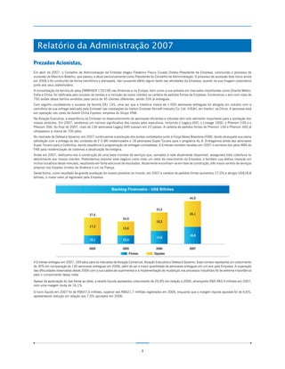 Relatório da Administração 2007
Prezados Acionistas,
Em abril de 2007, o Conselho de Administração da Embraer elegeu Frederico Fleury Curado Diretor-Presidente da Empresa, concluindo o processo de
sucessão de Maurício Botelho, que passou a atuar exclusivamente como Presidente do Conselho de Administração. O processo de sucessão teve início ainda
em 2006 e foi conduzido de forma harmônica e planejada, não causando efeito algum tanto nas atividades da Empresa, quanto na sua imagem corporativa
junto aos seus stakeholders.
A consolidação da família de jatos EMBRAER 170/190 nas Américas e na Europa, bem como a sua entrada em mercados importantes como Oriente Médio,
Índia e China, foi ratificada pelo sucesso de vendas e a inclusão de novos clientes na carteira de pedidos firmes da Empresa. Encerramos o ano com mais de
750 aviões dessa família vendidos para cerca de 45 clientes diferentes, sendo 334 já entregues.
Com orgulho constatamos o sucesso da família ERJ 145, uma vez que a histórica marca de 1.000 aeronaves entregues foi atingida em outubro com a
cerimônia de sua entrega realizada pela Embraer nas instalações da Harbin Embraer Aircraft Industry Co. Ltd. (HEAI), em Harbin, na China. A aeronave está
em operação nas cores da Grand China Express, empresa do Grupo HNA.
Na Aviação Executiva, a experiência da Embraer no desenvolvimento de aeronaves eficientes e robustas tem sido elemento importante para a aceitação dos
nossos produtos. Em 2007, vendemos um número significativo dos nossos jatos executivos, incluindo o Legacy 600, o Lineage 1000, o Phenom 100 e o
Phenom 300. Ao final de 2007, mais de 130 aeronaves Legacy 600 voavam em 23 países. A carteira de pedidos firmes do Phenom 100 e Phenom 300 já
ultrapassou a marca de 700 jatos.
No mercado de Defesa e Governo, em 2007 continuamos a produção dos aviões contratados junto à Força Aérea Brasileira (FAB), tendo alcançado sua plena
satisfação com a entrega de dez unidades de F-5 BR modernizados e 18 aeronaves Super Tucano para o programa AL-X. Entregamos ainda dez aeronaves
Super Tucano para a Colômbia, dando seqüência à programação de entregas contratadas. A Embraer também recebeu em 2007 o primeiro dos jatos AMX da
FAB para modernização de sistemas e atualização tecnológica.
Ainda em 2007, dedicamo-nos à construção de uma base mundial de serviços que, somados à rede atualmente disponível, assegurará total cobertura no
atendimento aos nossos clientes. Pretendemos explorar esse negócio como mais um vetor de crescimento da Empresa, e também sua efetiva inserção em
nichos lucrativos desse mercado, resultando em fonte adicional de resultados. Atualmente encontram-se em fase de construção, três novos centros de serviços
próprios nos Estados Unidos da América e um na França.
Desta forma, como resultado da grande aceitação de nossos produtos no mundo, em 2007 a carteira de pedidos firmes aumentou 27,0% e atingiu US$18,8
bilhões, o maior valor já registrado pela Empresa.


                                                       Backlog Financeiro - US$ Bilhões

                                                                                                               44,9


                                                                                       33,0
                                       27,6                                                                    26,1
                                                               24,0
                                                                                       18,2
                                       17,5
                                                               13,6

                                                                                                               18,8
                                                                                       14,8
                                       10,1                    10,4

                                       2004                    2005                    2006                   2007
                                                                   Firmes            Opções

A Embraer entregou em 2007, 169 jatos para os mercados de Aviação Comercial, Aviação Executiva e Defesa e Governo. Esse número representa um crescimento
de 30% em comparação às 130 aeronaves entregues em 2006, além de ser a maior quantidade de aeronaves entregues em um ano pela Empresa. A superação
das dificuldades observadas desde 2006 com a sua cadeia de suprimentos e a implementação de mudanças nos processos industriais foi de extrema importância
para o cumprimento dessa meta.

Apesar da apreciação do real frente ao dólar, a receita líquida apresentou crescimento de 20,8% em relação a 2006, alcançando R$9.983,4 milhões em 2007,
com uma margem bruta de 16,1%.

O lucro líquido em 2007 foi de R$657,0 milhões, superior aos R$621,7 milhões registrados em 2006, enquanto que a margem líquida apurada foi de 6,6%,
apresentando redução em relação aos 7,5% apurados em 2006.




                                                                            3
 