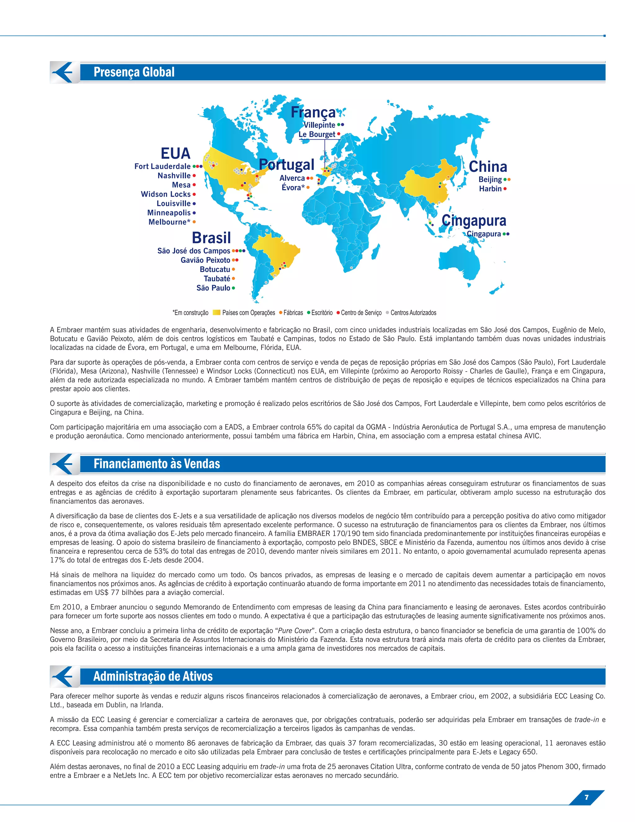 Presença Global




A Embraer mantém suas atividades de engenharia, desenvolvimento e fabricação no Brasil, com cinco unidades industriais localizadas em São José dos Campos, Eugênio de Melo,
Botucatu e Gavião Peixoto, além de dois centros logísticos em Taubaté e Campinas, todos no Estado de São Paulo. Está implantando também duas novas unidades industriais
localizadas na cidade de Évora, em Portugal, e uma em Melbourne, Flórida, EUA.

Para dar suporte às operações de pós-venda, a Embraer conta com centros de serviço e venda de peças de reposição próprias em São José dos Campos (São Paulo), Fort Lauderdale
(Flórida), Mesa (Arizona), Nashville (Tennessee) e Windsor Locks (Connecticut) nos EUA, em Villepinte (próximo ao Aeroporto Roissy - Charles de Gaulle), França e em Cingapura,
além da rede autorizada especializada no mundo. A Embraer também mantém centros de distribuição de peças de reposição e equipes de técnicos especializados na China para
prestar apoio aos clientes.

O suporte às atividades de comercialização, marketing e promoção é realizado pelos escritórios de São José dos Campos, Fort Lauderdale e Villepinte, bem como pelos escritórios de
Cingapura e Beijing, na China.

Com participação majoritária em uma associação com a EADS, a Embraer controla 65% do capital da OGMA - Indústria Aeronáutica de Portugal S.A., uma empresa de manutenção
e produção aeronáutica. Como mencionado anteriormente, possui também uma fábrica em Harbin, China, em associação com a empresa estatal chinesa AVIC.



              Financiamento às Vendas
A despeito dos efeitos da crise na disponibilidade e no custo do ﬁnanciamento de aeronaves, em 2010 as companhias aéreas conseguiram estruturar os ﬁnanciamentos de suas
entregas e as agências de crédito à exportação suportaram plenamente seus fabricantes. Os clientes da Embraer, em particular, obtiveram amplo sucesso na estruturação dos
ﬁnanciamentos das aeronaves.

A diversiﬁcação da base de clientes dos E-Jets e a sua versatilidade de aplicação nos diversos modelos de negócio têm contribuído para a percepção positiva do ativo como mitigador
de risco e, consequentemente, os valores residuais têm apresentado excelente performance. O sucesso na estruturação de ﬁnanciamentos para os clientes da Embraer, nos últimos
anos, é a prova da ótima avaliação dos E-Jets pelo mercado ﬁnanceiro. A família EMBRAER 170/190 tem sido ﬁnanciada predominantemente por instituições ﬁnanceiras européias e
empresas de leasing. O apoio do sistema brasileiro de ﬁnanciamento à exportação, composto pelo BNDES, SBCE e Ministério da Fazenda, aumentou nos últimos anos devido à crise
ﬁnanceira e representou cerca de 53% do total das entregas de 2010, devendo manter níveis similares em 2011. No entanto, o apoio governamental acumulado representa apenas
17% do total de entregas dos E-Jets desde 2004.

Há sinais de melhora na liquidez do mercado como um todo. Os bancos privados, as empresas de leasing e o mercado de capitais devem aumentar a participação em novos
ﬁnanciamentos nos próximos anos. As agências de crédito à exportação continuarão atuando de forma importante em 2011 no atendimento das necessidades totais de ﬁnanciamento,
estimadas em US$ 77 bilhões para a aviação comercial.

Em 2010, a Embraer anunciou o segundo Memorando de Entendimento com empresas de leasing da China para ﬁnanciamento e leasing de aeronaves. Estes acordos contribuirão
para fornecer um forte suporte aos nossos clientes em todo o mundo. A expectativa é que a participação das estruturações de leasing aumente signiﬁcativamente nos próximos anos.

Nesse ano, a Embraer concluiu a primeira linha de crédito de exportação “Pure Cover”. Com a criação desta estrutura, o banco ﬁnanciador se beneﬁcia de uma garantia de 100% do
Governo Brasileiro, por meio da Secretaria de Assuntos Internacionais do Ministério da Fazenda. Esta nova estrutura trará ainda mais oferta de crédito para os clientes da Embraer,
pois ela facilita o acesso a instituições ﬁnanceiras internacionais e a uma ampla gama de investidores nos mercados de capitais.



              Administração de Ativos
Para oferecer melhor suporte às vendas e reduzir alguns riscos ﬁnanceiros relacionados à comercialização de aeronaves, a Embraer criou, em 2002, a subsidiária ECC Leasing Co.
Ltd., baseada em Dublin, na Irlanda.

A missão da ECC Leasing é gerenciar e comercializar a carteira de aeronaves que, por obrigações contratuais, poderão ser adquiridas pela Embraer em transações de trade-in e
recompra. Essa companhia também presta serviços de recomercialização a terceiros ligados às campanhas de vendas.

A ECC Leasing administrou até o momento 86 aeronaves de fabricação da Embraer, das quais 37 foram recomercializadas, 30 estão em leasing operacional, 11 aeronaves estão
disponíveis para recolocação no mercado e oito são utilizadas pela Embraer para conclusão de testes e certiﬁcações principalmente para E-Jets e Legacy 650.

Além destas aeronaves, no ﬁnal de 2010 a ECC Leasing adquiriu em trade-in uma frota de 25 aeronaves Citation Ultra, conforme contrato de venda de 50 jatos Phenom 300, ﬁrmado
entre a Embraer e a NetJets Inc. A ECC tem por objetivo recomercializar estas aeronaves no mercado secundário.

                                                                                                                                                                            7
 