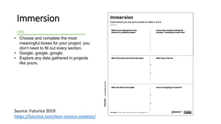Immersion
• Choose and complete the most
meaningful boxes for your project: you
don’t need to fill out every section.
• Google, google, google.
• Explore any data gathered in projects
like yours.
TIPS
Source: Futurice 2019:
https://futurice.com/lean-service-creation/
 