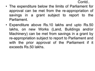 Contd..
• The expenditure below the limits of Parliament for
approval can be met from the re-appropriation of
savings in a grant subject to report to the
Parliament.
• Expenditure above Rs.10 lakhs and upto Rs.50
lakhs, on new Works (Land, Buildings and/or
Machinery) can be met from savings in a grant by
re-appropriation subject to report to Parliament and
with the prior approval of the Parliament if it
exceeds Rs.50 lakhs.
 