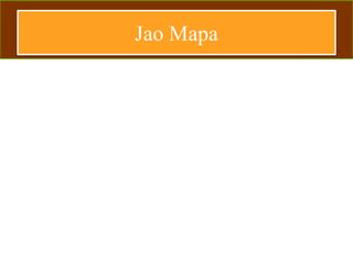 Jao Mapa
• Jao Mapa is Jose Vicente Mapa III
in real life. He was born in 1976
and currently works as an actor in
Philippine showbiz industry. He
was an accomplished model and
painter. Jao graduated at the
University of Santo Tomas and
earned his degree in Bachelor of
Arts in Fine Arts, major inn
Advertising. Jao married his wife
Cecile, and has three children,
Benjamin, Caleb and Amber
Marie. He became popular in the
Pepsi Cola advertisement and later
opened opportunities for him to
join in the showbiz world.
 